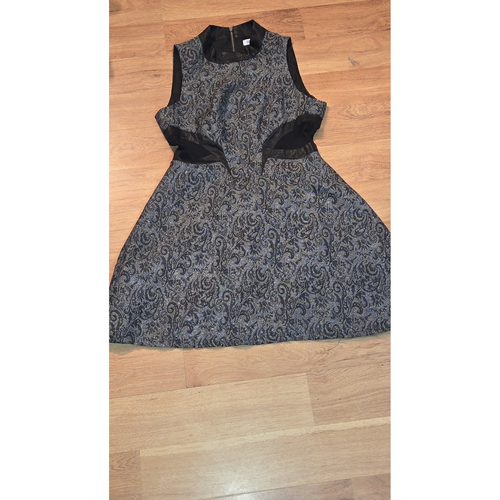 BCBGeneration Metallic Silver Black Paisley Jacquard Mesh Cutout Dress Size 2